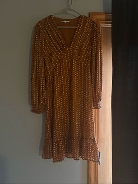 Polka Dot Ruffle Hem V-Neck Dress - Rust